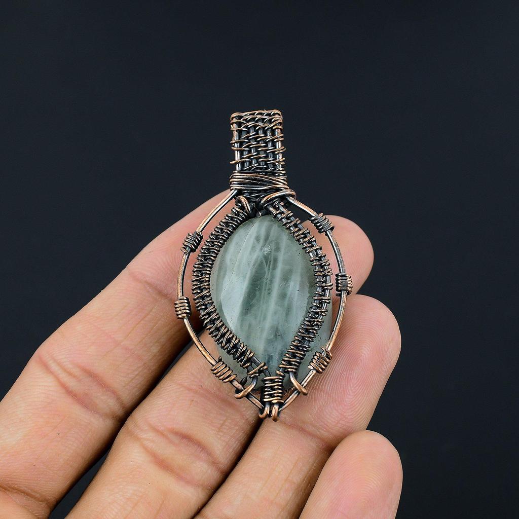 Aquamarin 999 Kupferdraht gewickelter Anhänger, Handgefertigter Edelsteinanhänger Schmuck, Geschenke für Ehefrau Brandneuer Anhänger