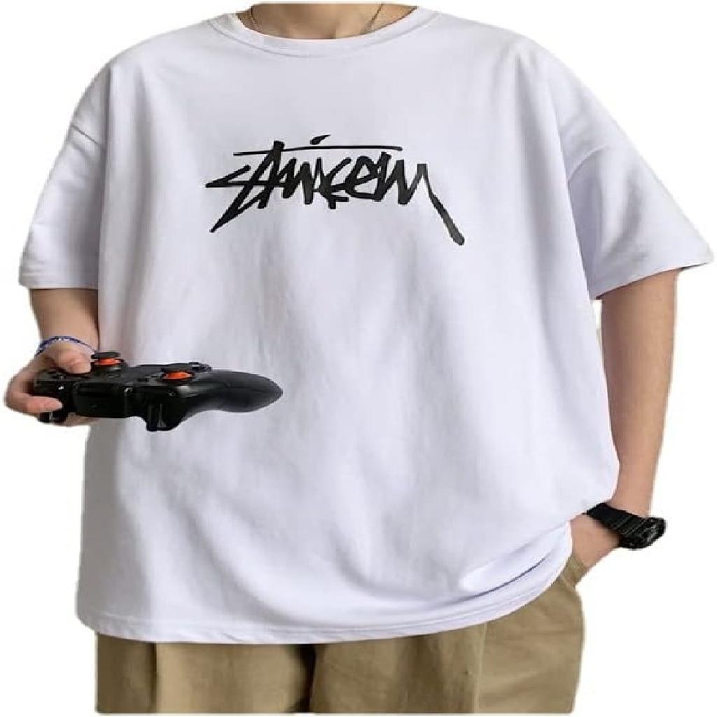 Men's Grunge T-Shirts Oversized Letter Graphic Streetwear Retro Harajuku Tee Shirt Alt Indie Tops Cyber Punk Clothing, White, Large