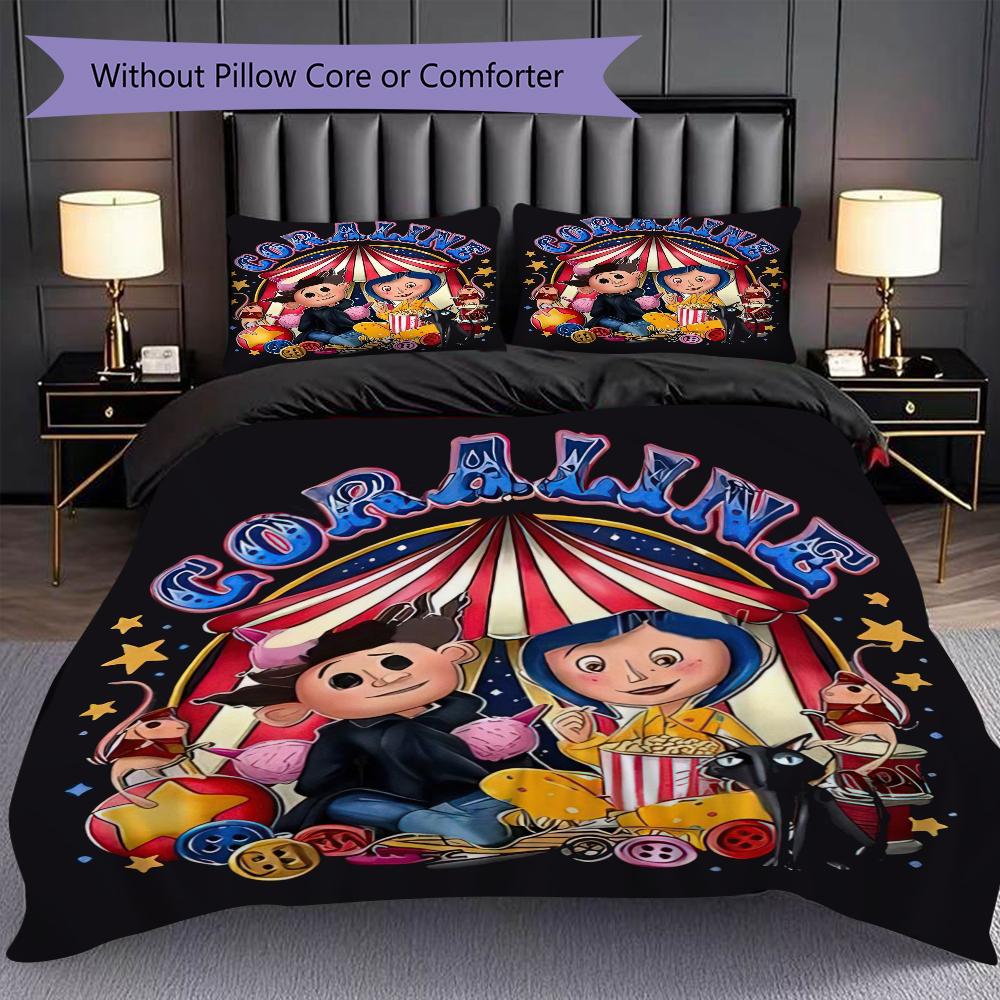1PC Coraline Pattern Bedding Quilt Set Quilt Cover Pillowcase Home Decoration Birthday Gift (1 * Duvet Cover + 2 * Pillowcase, Without Core)