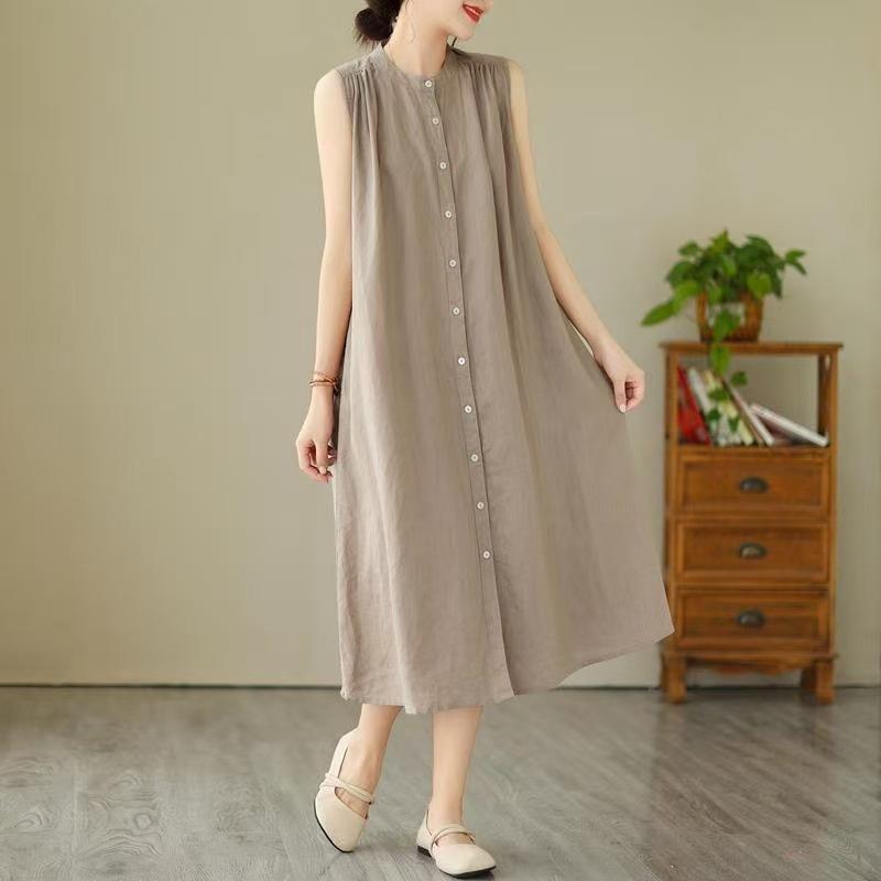 Stand Collar Linen Shirt Front Full Button Loose Flowy A Line Dress Breathable Minimalist Casual Summer Daily Elegant Oversized Mid Length Sundress