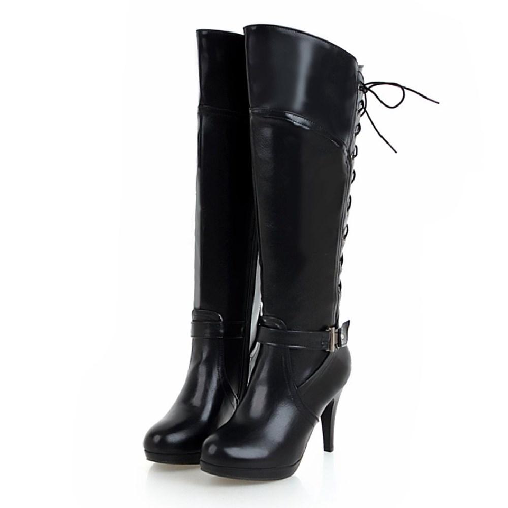 Inverno Donna Stivali Alti al Ginocchio con Lacci e Plateau Rosso Nero Tacco a Spillo Punta Rotonda Sexy Abito Festa Donna Cinturino con Fibbia Cerniera Stivali Lunghi