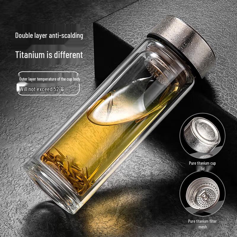 Youfuyoupai Double-Layer Glass Cup with Titanium Lid