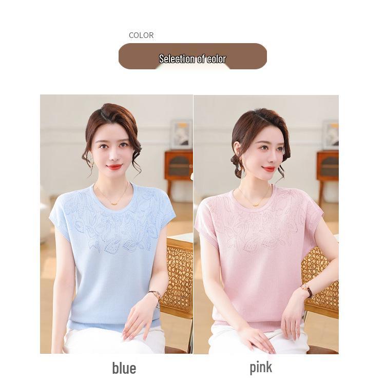 2026 New Style Women's Ice Silk Blouse - Fashionable Batwing Short Sleeve Round Neck for Middle-Aged & Elderly
