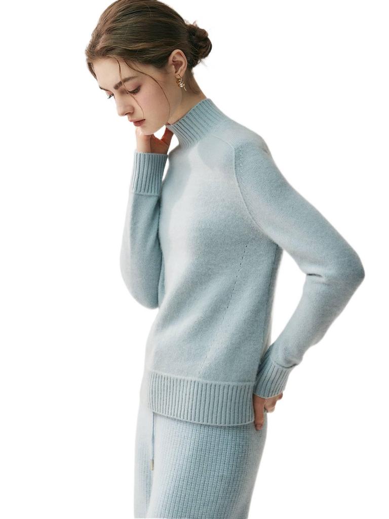 Kadın Bebek Kaşmir Kalınlaştırılmış Çift İplikli Kazak - Yarım Yüksek Yaka, Bol Kesim Örgü