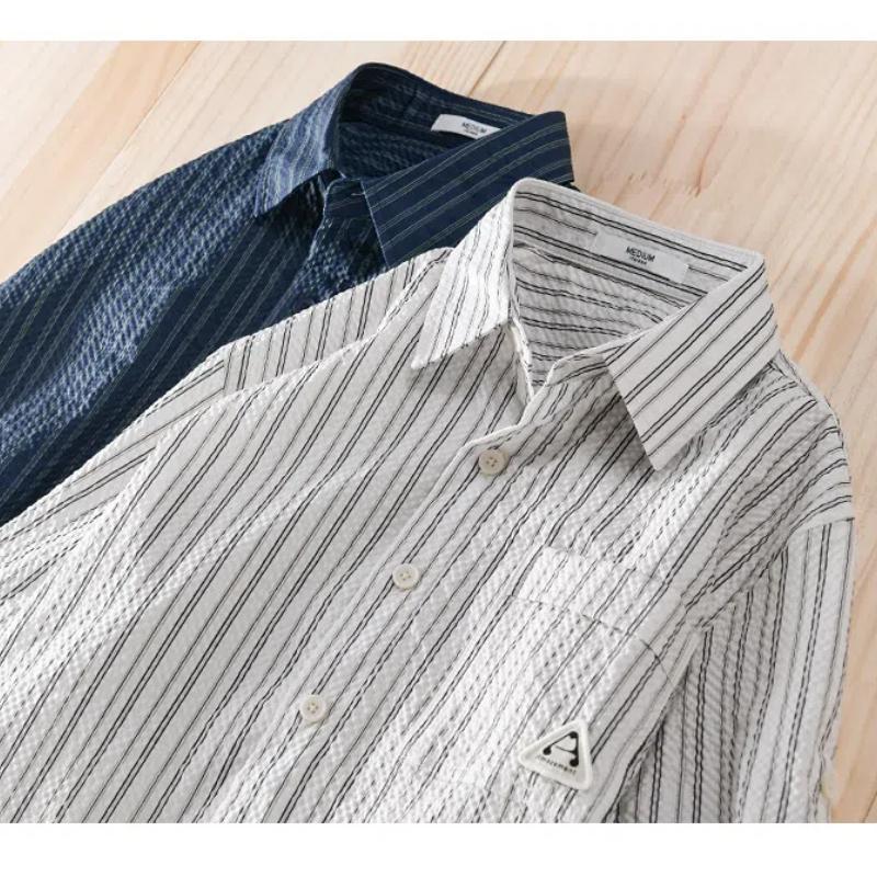 Summer Tops for Men Japan Retro Style Stripes Man Shirts Pocket Half Sleeve Butto Bubble Casual Shirt