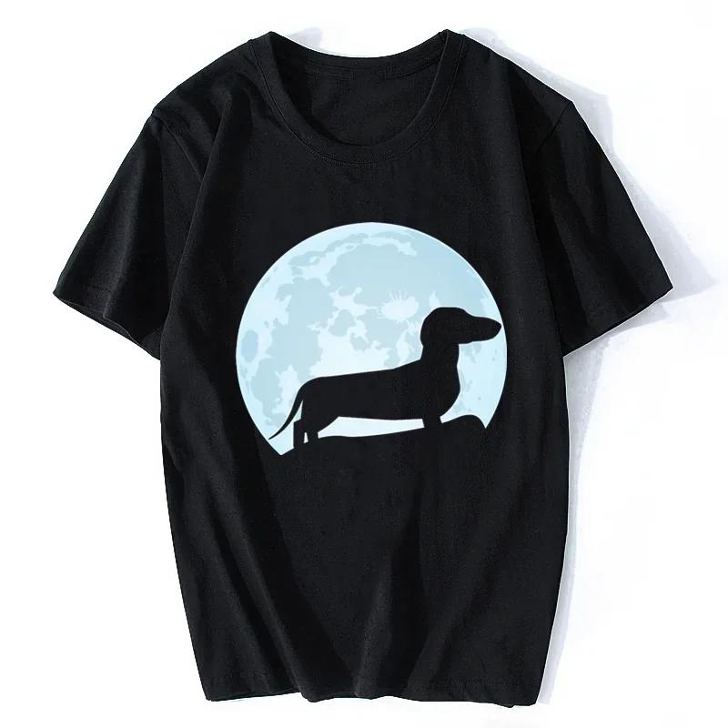 Moon Dachshund Lover T Shirt for Women Oneck Summer Short Sleeve Wiener DogTee Clothing Gift Streetwear Graphic Tshirts
