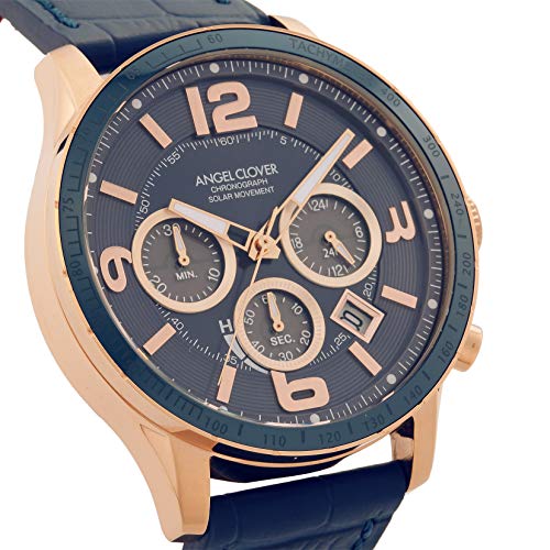 Angel Clover TIME CRAFT SOLAR Men's Watch, Navy Dial, Solar Quartz Chronograph, TCS44PG-NV, Blue