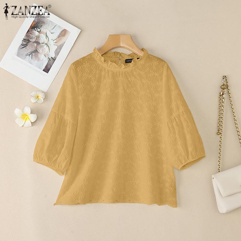 ZANZEA Women Casual Round Neck 3/4 Sleeve Loose Patchwork Cover Up Blouse