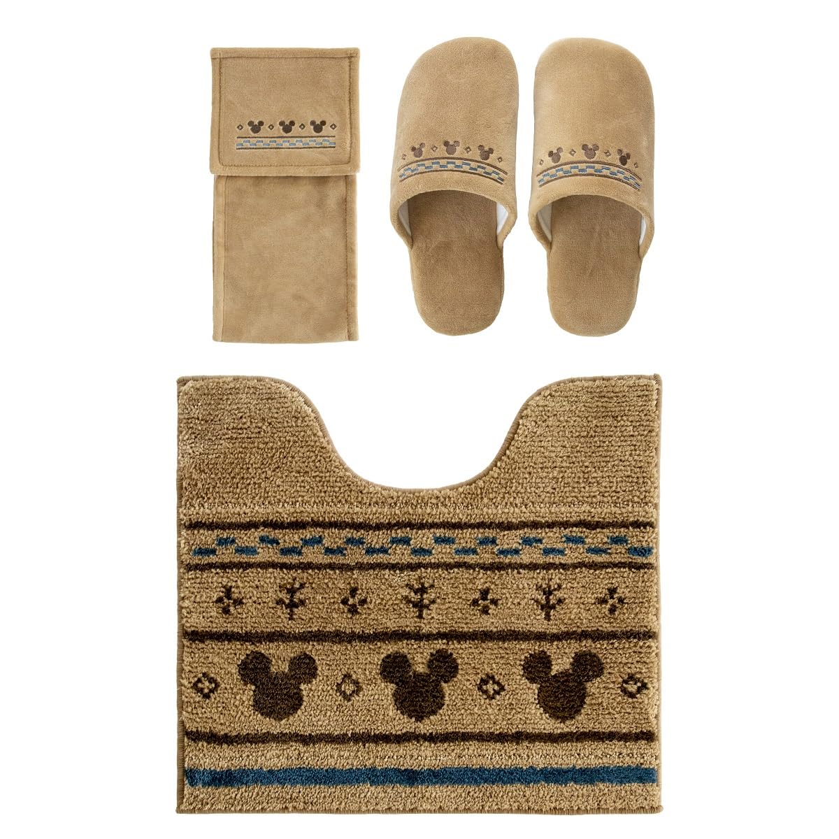 Mickey Mouse 3-Piece Toilet Mat Set (Brown) Disney Toilet Mat Set (3-Piece Set) - Includes Toilet Paper Holder Cover and Slippers, Oka MC Grand, Styli