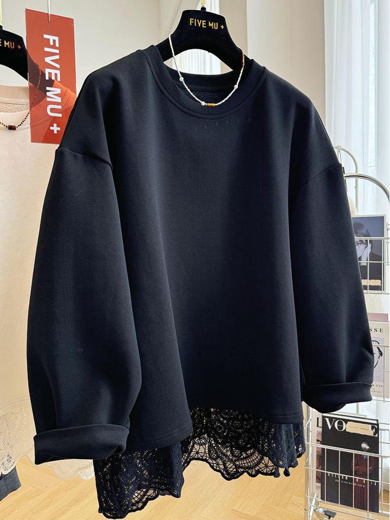 Women's 2024 Lace Splicing Faux Two-Piece Round Neck Sweatshirt - Spring/Autumn Casual Loose Fit