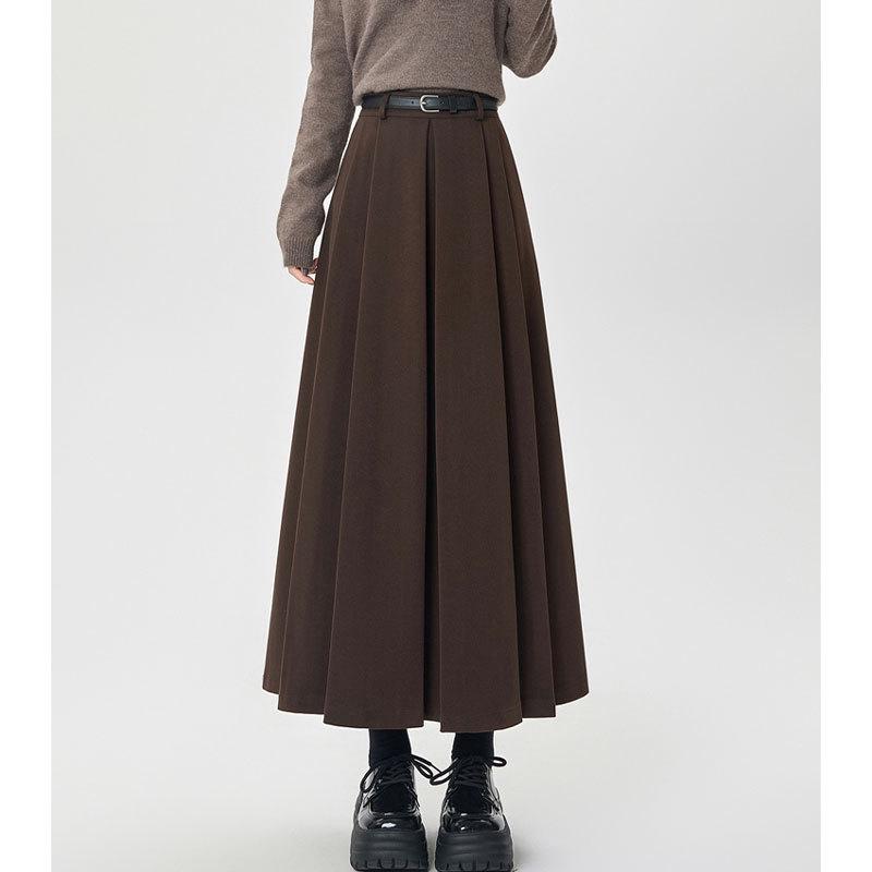 High-Waisted Coffee Wool Skirt for Women, Autumn-Winter Style, Pleated A-Line, Petite Fit, Mid-Length, Perfect Drape