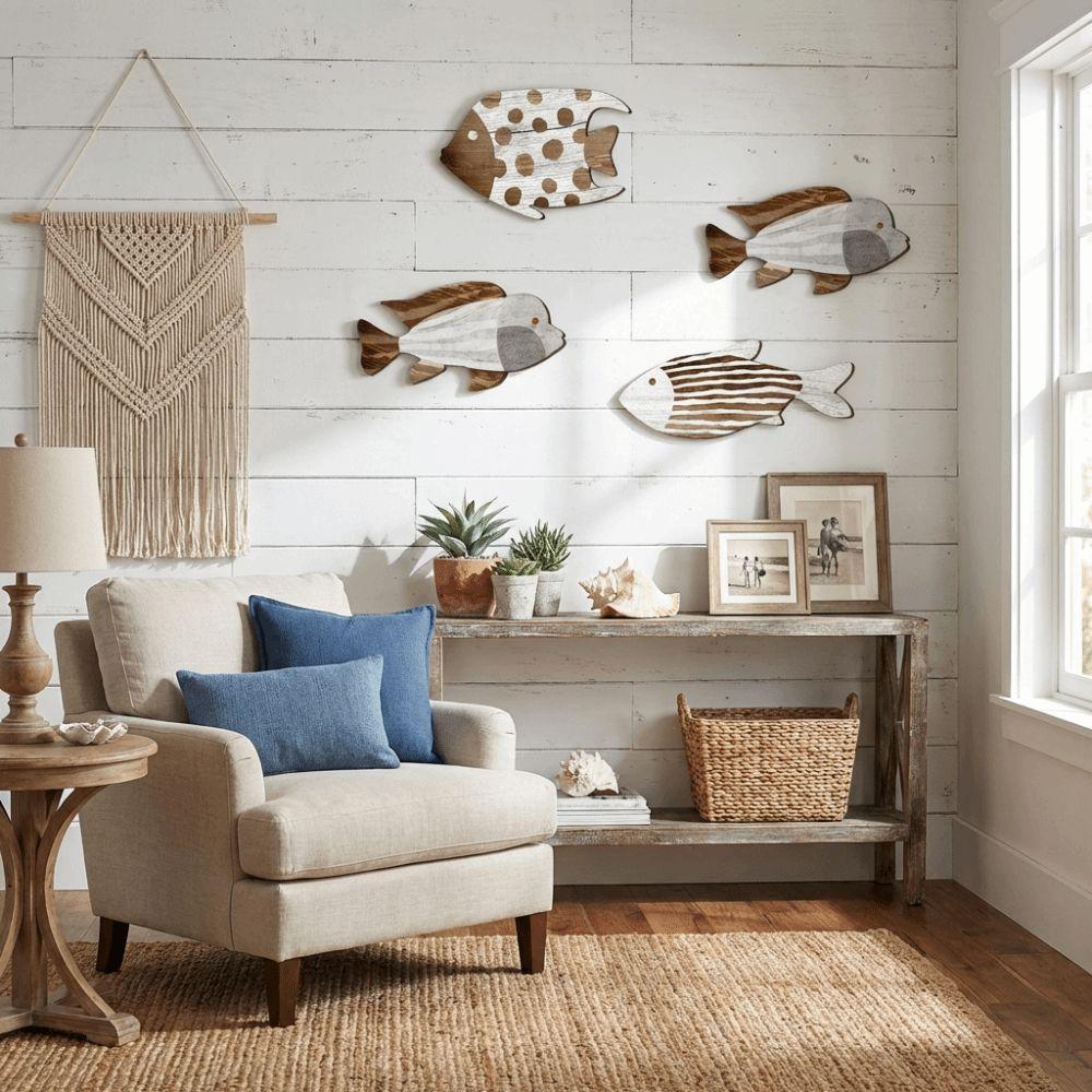 Drewniana ryba w stylu marynistycznym Dekoracja ścienna Motyw oceaniczny Marynistyczna sztuka ścienna Ryba wiszący dekor Sztuka do łazienki