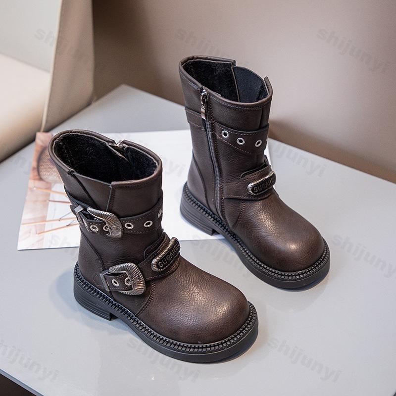 Girls Leather Boots Autumn Comfortable Outdoor Children Mid-calf Boots Platform Round Toe Belt Buckle Kids Boot