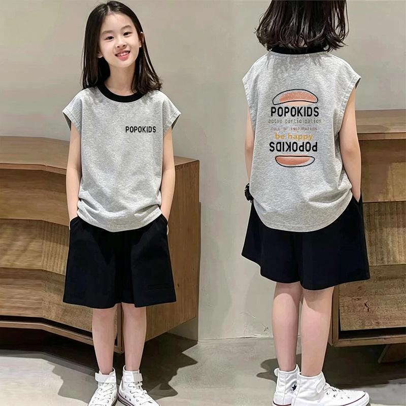 Girls' Cotton Color Block Vest Set – Stylish Sleeveless Summer Outfit for Medium To Large Children Aged 6-15