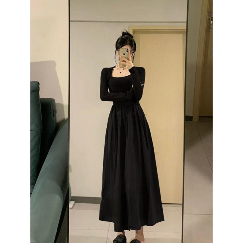 Damen 2025 Herbst/Winter Schwarz Taillenbetonend Schlankmachend Langärmeliges Kleid - Französischer Hepburn-Stil