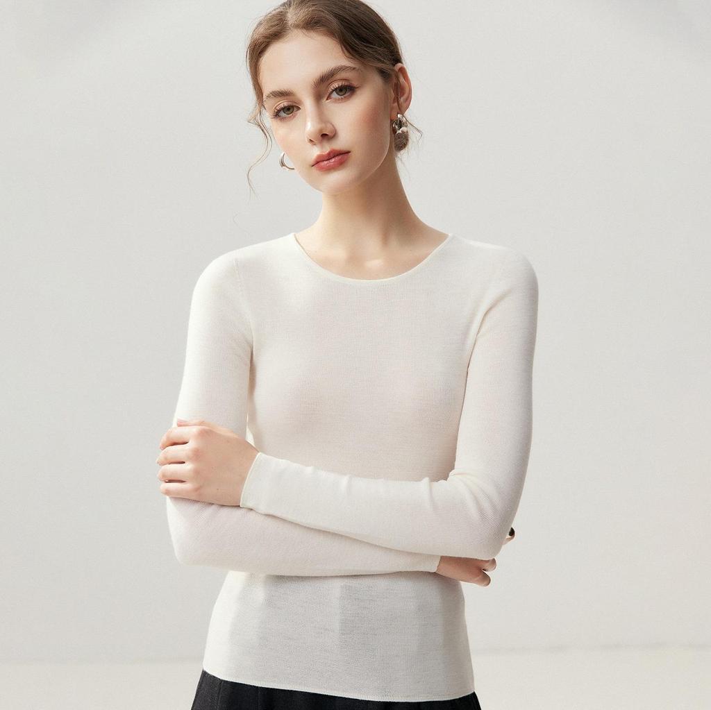 Premium Slim-Fit 100% Pure Wool Women's Round Neck Knit Sweater - Perfect for Autumn and Winter 