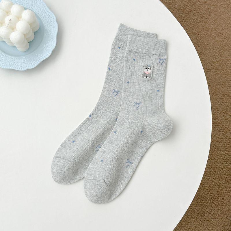 Zhuji Women's Cute Cartoon Embroidered Mid-Calf Cotton Socks, Preppy Style