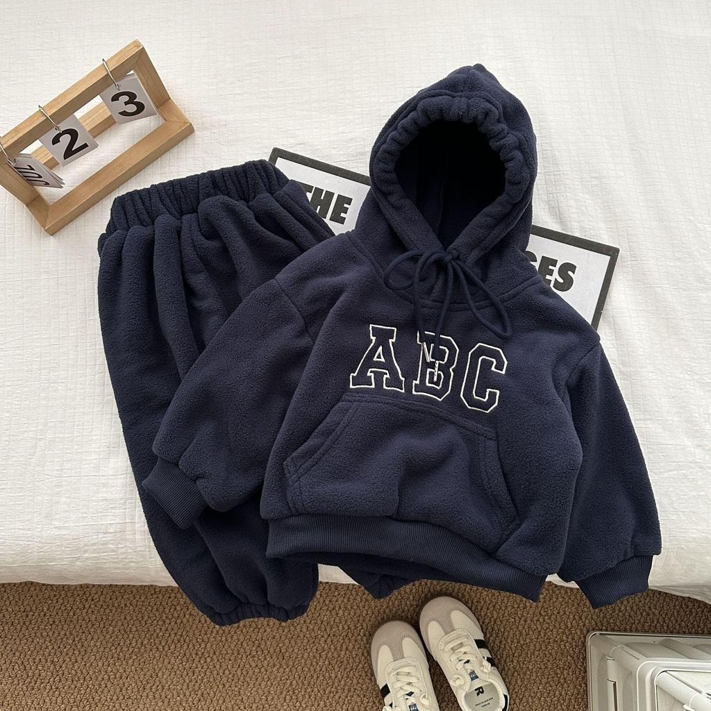 Herbst Winter Kinder Trainingsanzug Junge Baby Fleece Dicke Kapuzenpullover Set Mädchen Kinder Plus Samt Warme Oberteile+Hose 2tlg. Kinder Sweatshirt Anzug