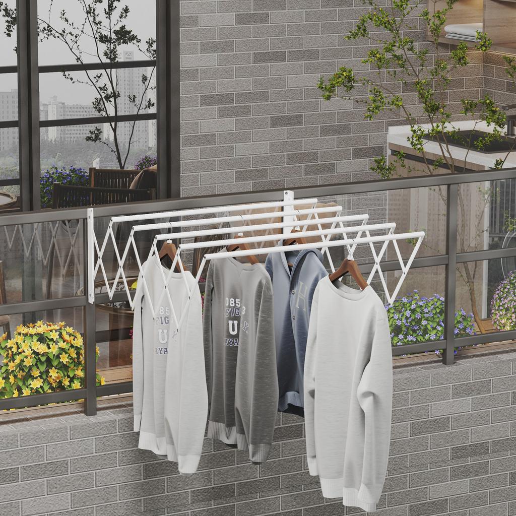 Wall-Mounted Clothes Rack Retractable Foldable Space-Saving Clothes Dryer, Wall Clothes Dryer for Indoor and Outdoor, White, 63.5 x 60 x 20 cm