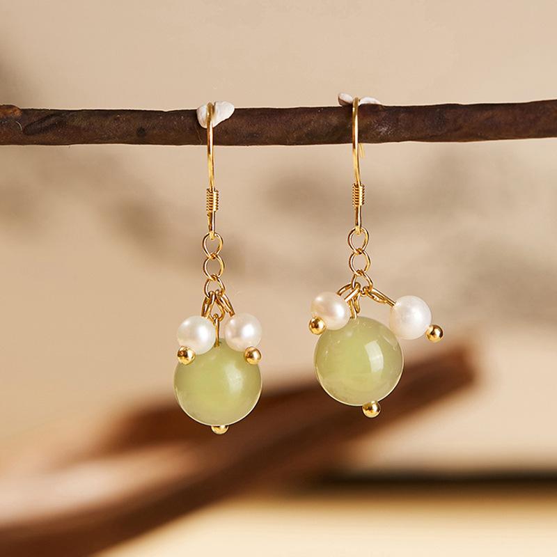 Hetian Jade Ear Hook Earring Women's High-end Temperament Ethnic Retro Earrings Cloisonne Craft Dangler Gift