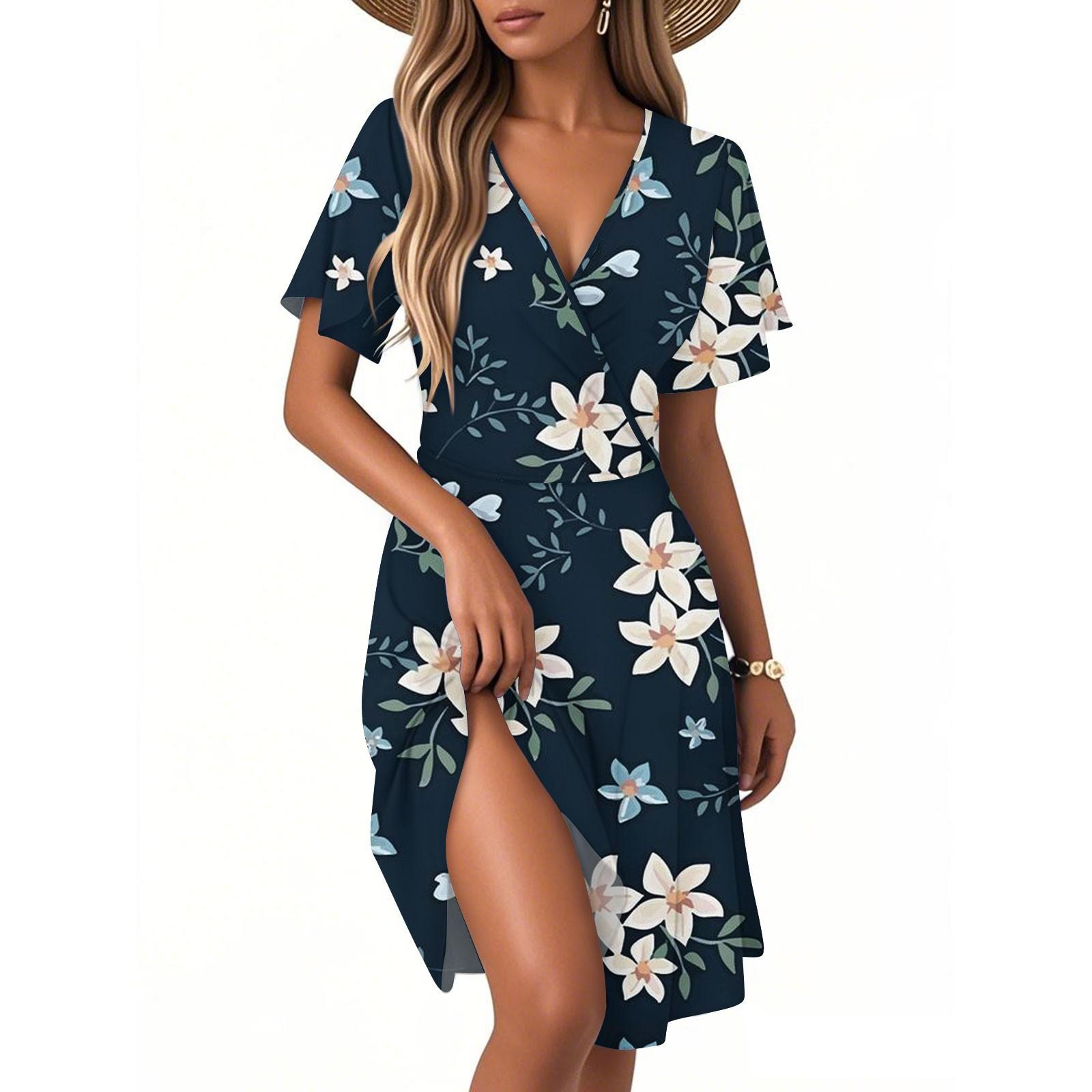 

Жіноча повсякденна модна сукня вінтажна квіткова квіткова сукня з короткими рукавами та V-подібним вирізом XL Темно-синій