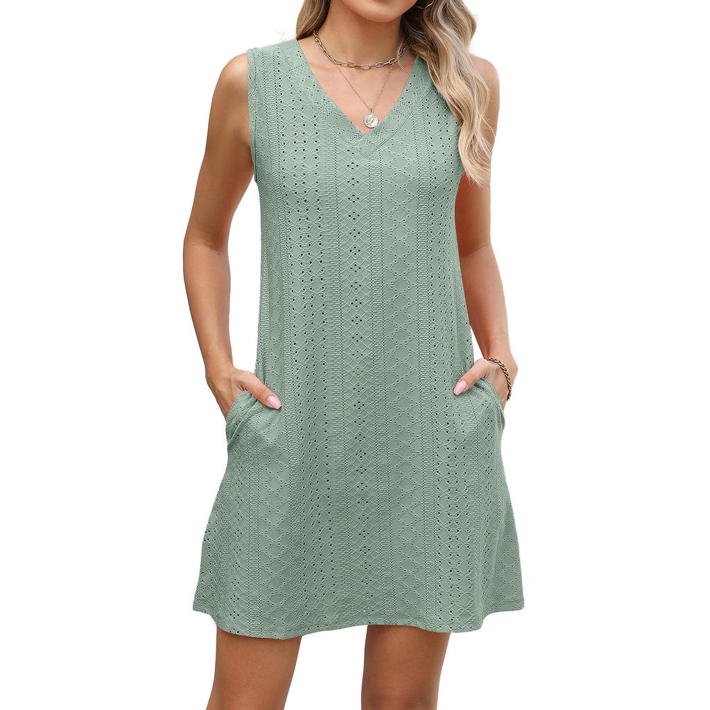 New Women's Pocket Casual Summer Solid Color V-neck Dress