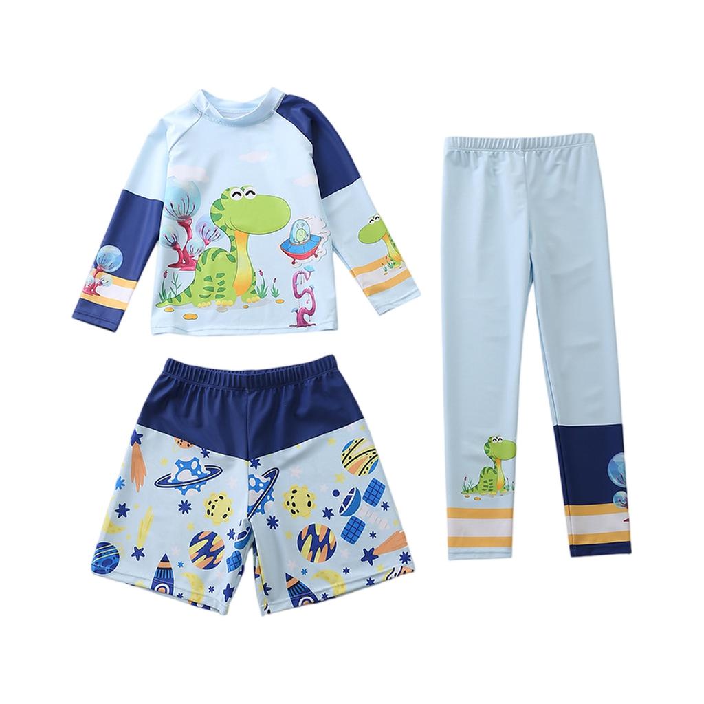 Dreiteiliges Jungen-Badebekleidungsset Langarm-Rashguard Badeshirt Badeshorts und Badehosen Cartoon-Print Leicht Schnelltrocknend