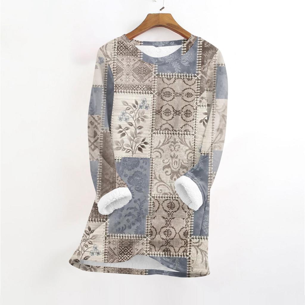 Women's Fashionable Printed Round Neck Long Sleeved Plush Warm Pullover Top