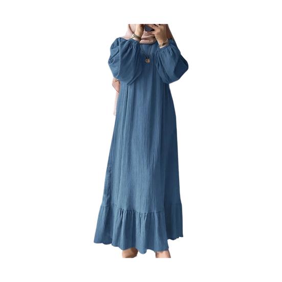 Women Dress Round Neck Puff Long Sleeve Loose Fit Maxi Dress with Layered Ruffle Hem Puff Sleeves Holiday Wear