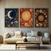 3 Frameless Retro Floral Sun,moon and Star Decor Paintings,Bohemian Style Home Furnishing,for Living Room,Bedroom Wall Art Decor