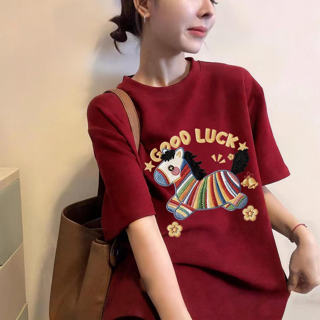 Korean Retro Horse Print Short Sleeve Women's T-Shirt, New 2026 Round Neck Trendy Top