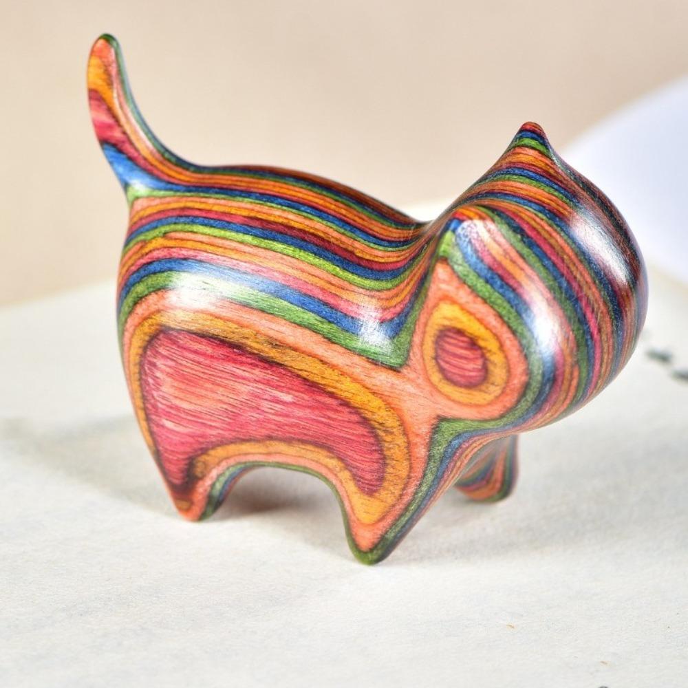 

Natural Texture Wooden Cat Figurine Wood Carving Lucky Cat Ornament Kitten Sculpture Desk Decor Colorful No Bell