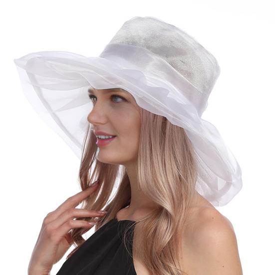 Women Sun Hat Organza Bowknot Decor Wide Brim UV Protection Hat Lightweight Breathable Foldable Tulle Hat Headwear