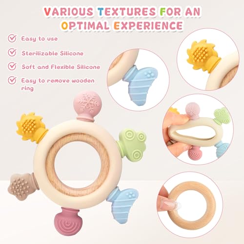 2 Pack Teething Toys for Babies 6-12 Months, Sensory Teether Rings, Montessori Baby Rattle, Infant Chew Toys Gift for Boys Girls (Pink)