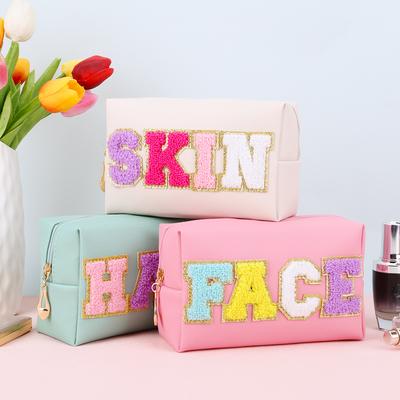 3PCS Makeup Organizer Bag Set with Patches Chenille Letter Cosmetic Pouch Zipper Closure PU Leather for Travel Accessories