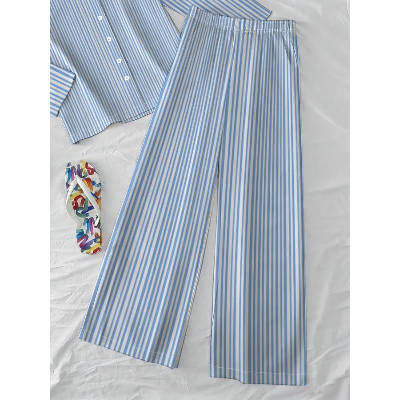 Fresh holiday style long-sleeved trousers suit women's blue and white striped shirt wide-leg pants two-piece set