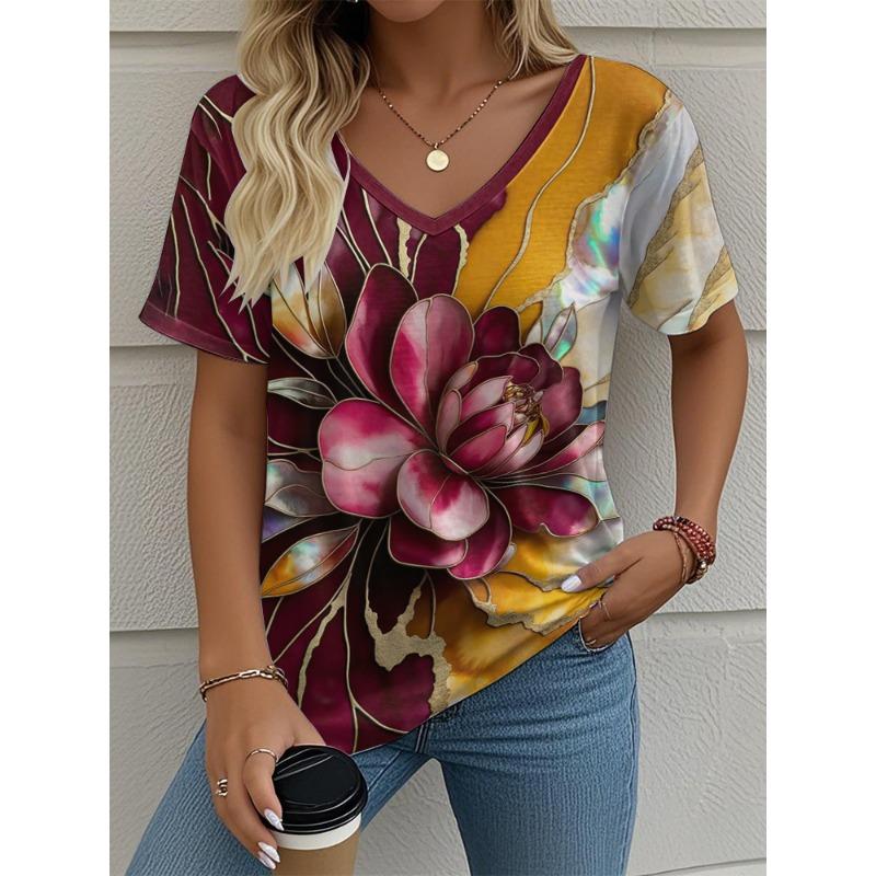 2025 Ethnic Women's T-Shirt Vintage Graphic Fashion Short Sleeved V-Neck Regular Tops Daily Print Tee Summer