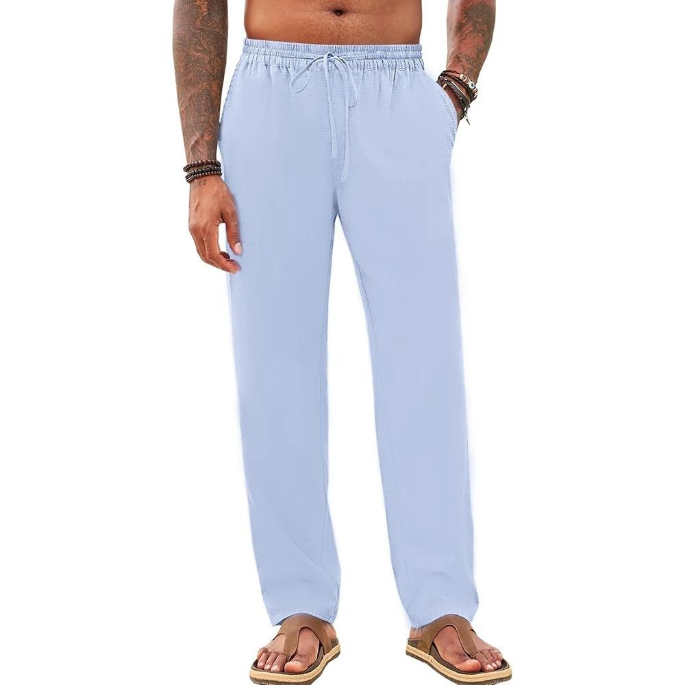 Spring Summer Men's Cotton Linen Pants Casual Basic Beach Style Vacation Hawaii Straight Leg Trouser Breathable Pants