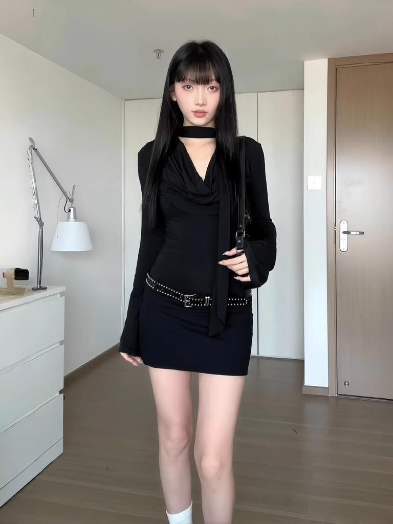 Next Saturday American Spice Girl Dress Women's Autumn Design Sense Niche Royal Sister Wind Long Sleeve Black Hip Wrap Short Dress
