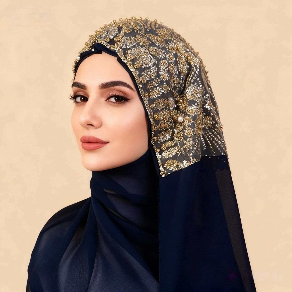 Long Islamic Turban Silk Women Headscarf Fashion Sequin Wraps Shawl Female