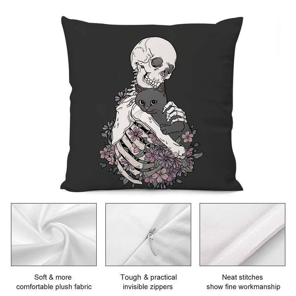 Creepy Skeleton Cat Halloween Pillow Case Short Plush Double-Sided Print Square Throw Pillow Covers Sofa Home Cushion Decor