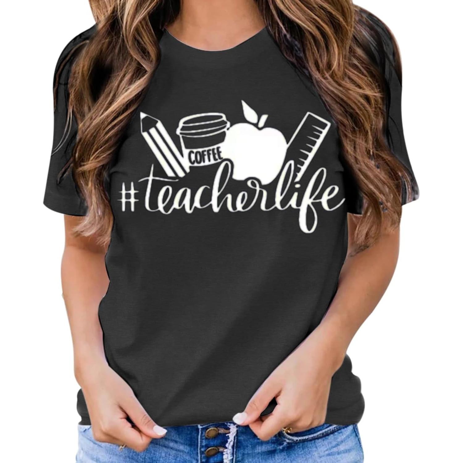 Teacher Life T Shirt for Womens Teach Love Inspire Tshirts Inspirational Teacher Short Sleeve Tees S чёрный