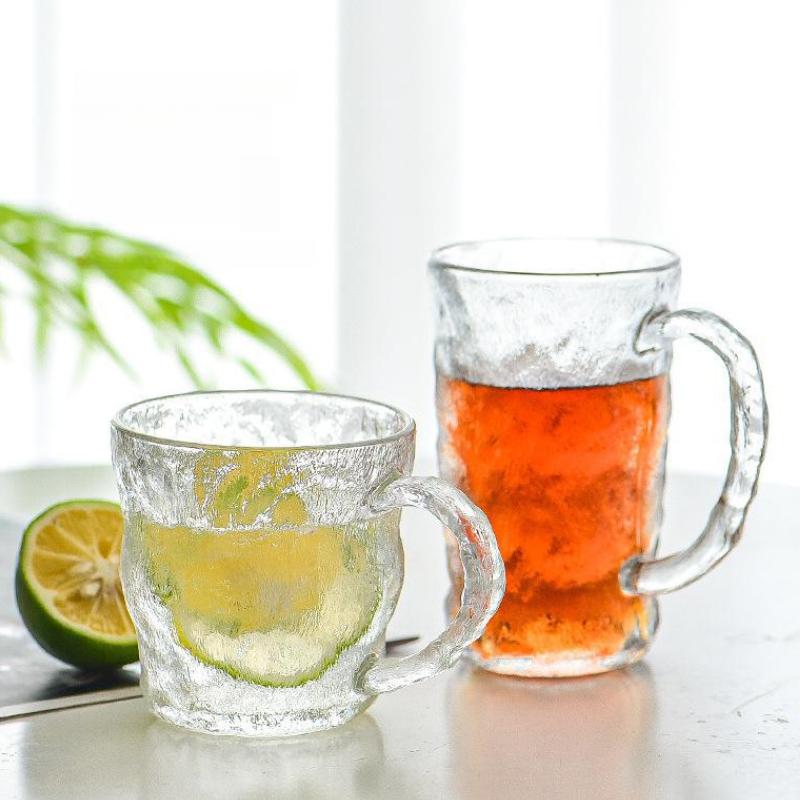 10.3oz/13.7oz Glacier Shaped Glass Cup with Handle Heat-resistant Tea Cup Party Water Bottle Juice Beverage Cups Cold Drink Mug