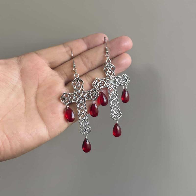 Gothic Hollowed-out Heart-shaped Cross Red Crystal Pendant Earrings For Women Personality Crystal Drop Pendant Earrings Zircon