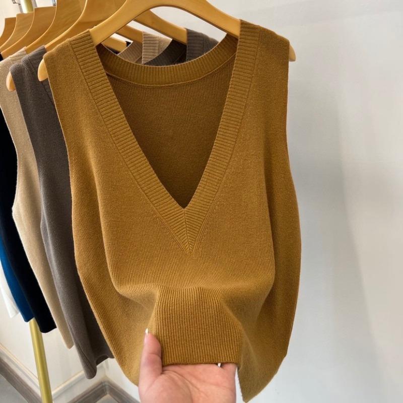 

Осень/зима Вязаный женский свитер-жилет с глубоким V-образным вырезом Свободный и универсальный Пуловер без рукавов Майка Однотонная Повседневная Простая Женская одежда one size жёлтый