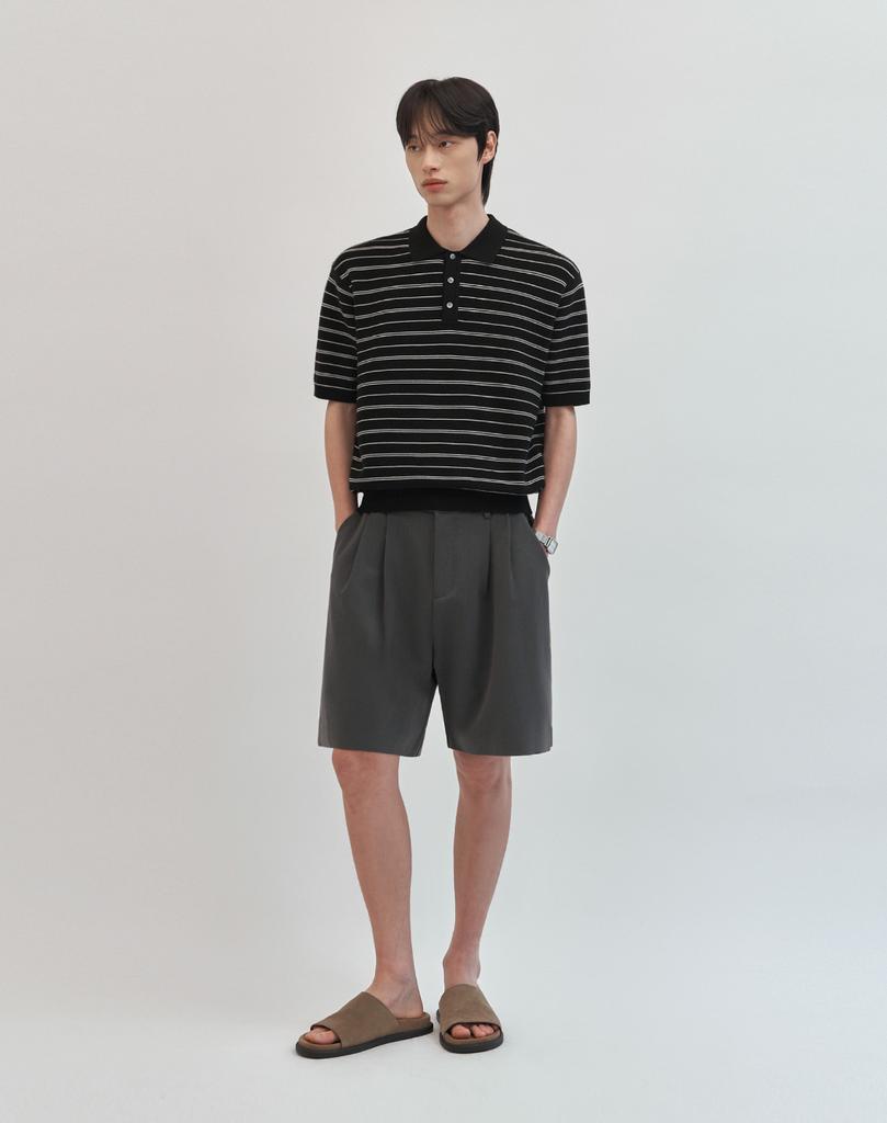 WORK ON BODY OFF Ritme Semi-Overfit Cotton Collared Short Sleeve Knit [Black]