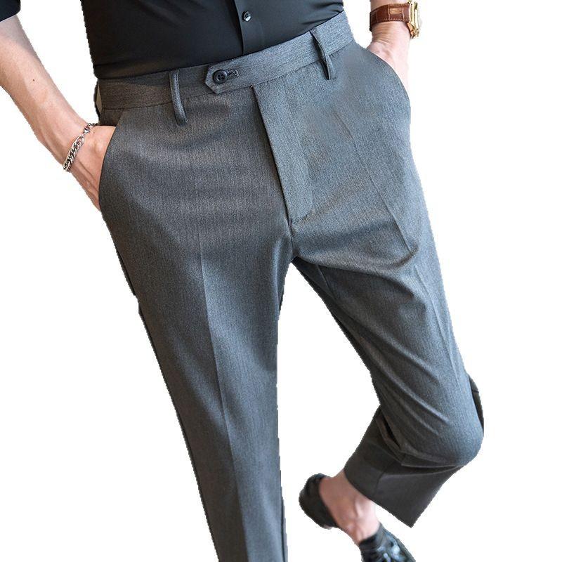 High-quality men's casual nine-point pants, small straight slim-fitting pants, trousers containing mulberry silk Lai versatile pants