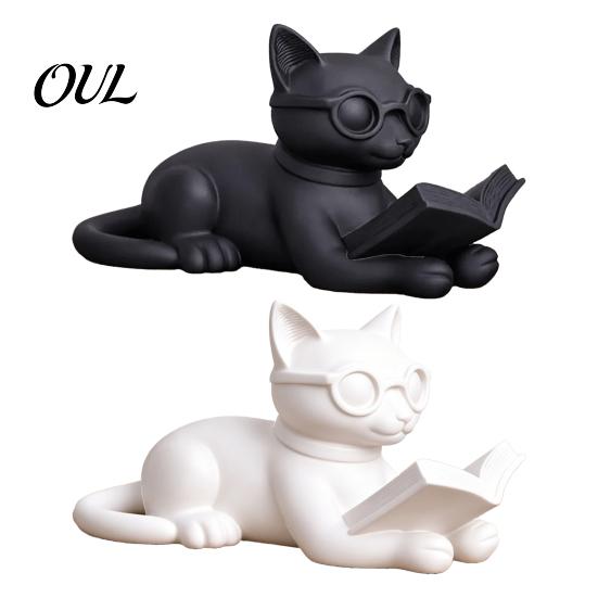 Cat Reading Book Figurine 3D Printed Figurine, Decorative Statue with Eyeglasses, Childlike Room Decoration Creative Animal Desktop Ornament for Home