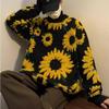 Autumn/Winter Japanese Retro Sunflower Flocking Sweater - Unisex Hip Hop Long Sleeve Knitwear