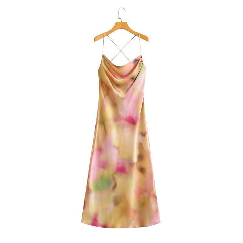 

Zbza Spring New Women clothes Western Style French style Fashion Design Tie-dye Sling Dress Flower color L